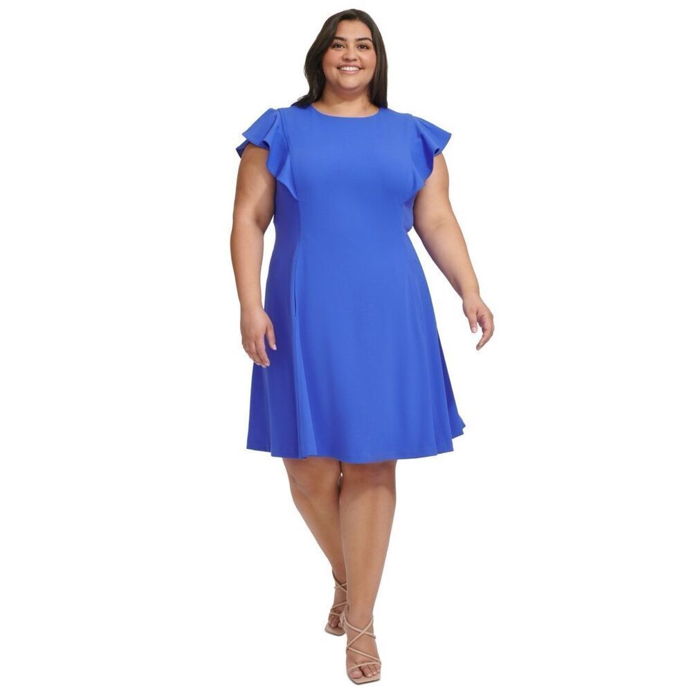 Dkny Plus Size Flutter-Sleeve Scuba-Crepe Fit & Flare Dress - Iris Blue Size 16‎